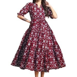 anayna Women Checked Cotton Fit & Flare Maxi Dresses